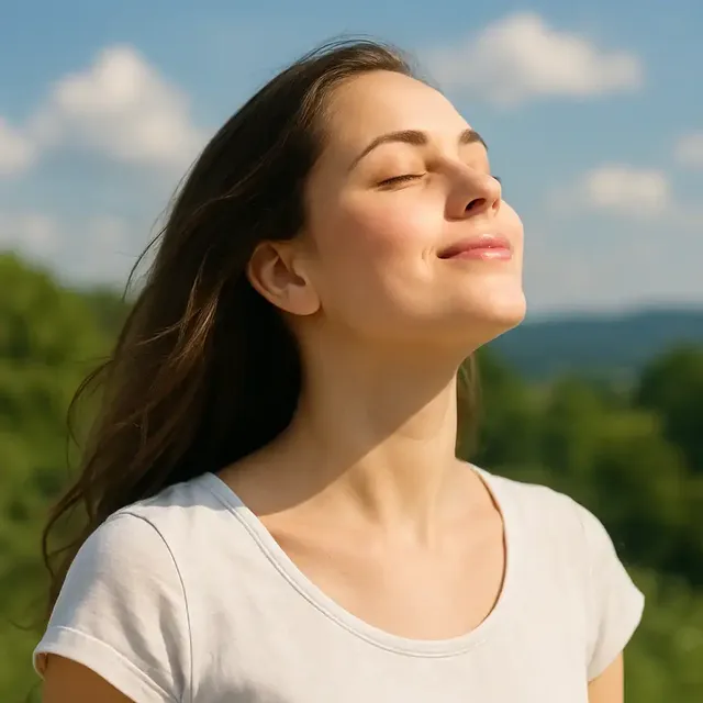 A woman breathing in fresh air outdoors