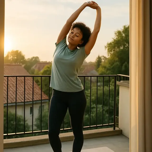 A person stretching on a sunny balcony at the start of the day